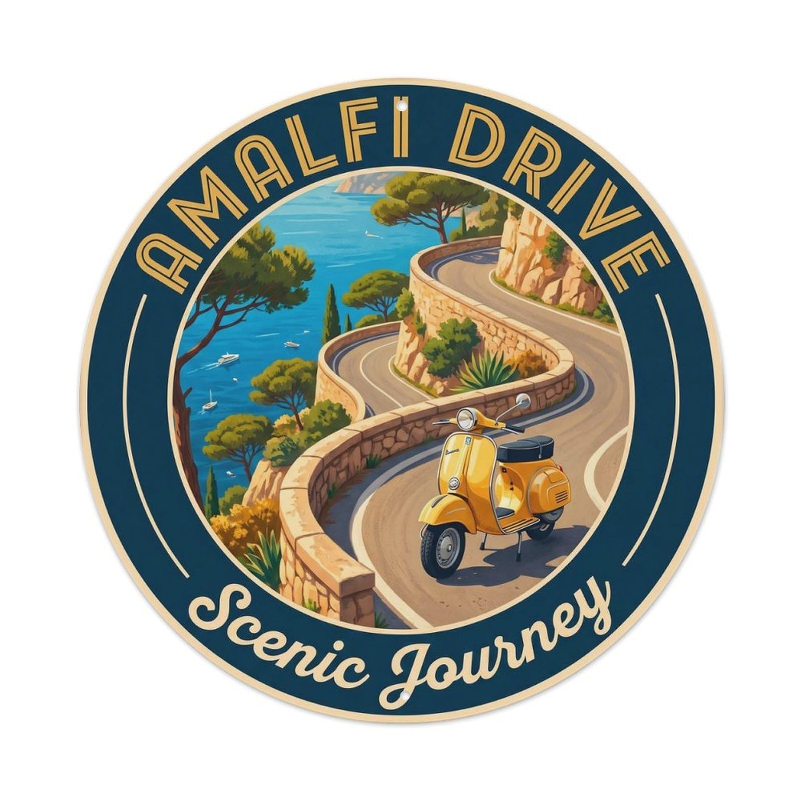 Amalfi Coast Road Curve Vintage Travel Mediterranean Metal Tin Sign Plaque Wall Decor for Cafe, Man Cave, Club Bar, Office, Home Garden Round Metal Poster 8x8Inch