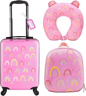 Sanwuta 4 Pieces Rainbow Luggage for Gift for Christmas Girls Pink Travel Rolling Suitcase with Wheels Kids Luggage Set with Backpack Neck Pillow Name Tag