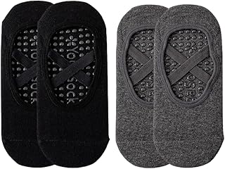 2 Paar Yoga Socken für Damen rutschfeste, Grip-Socken mit Riemen Anti-Rutsch-Socken für Barre Fitness Pilates Ballett Tanz Barfuß-Training(Schwarz +Grau)