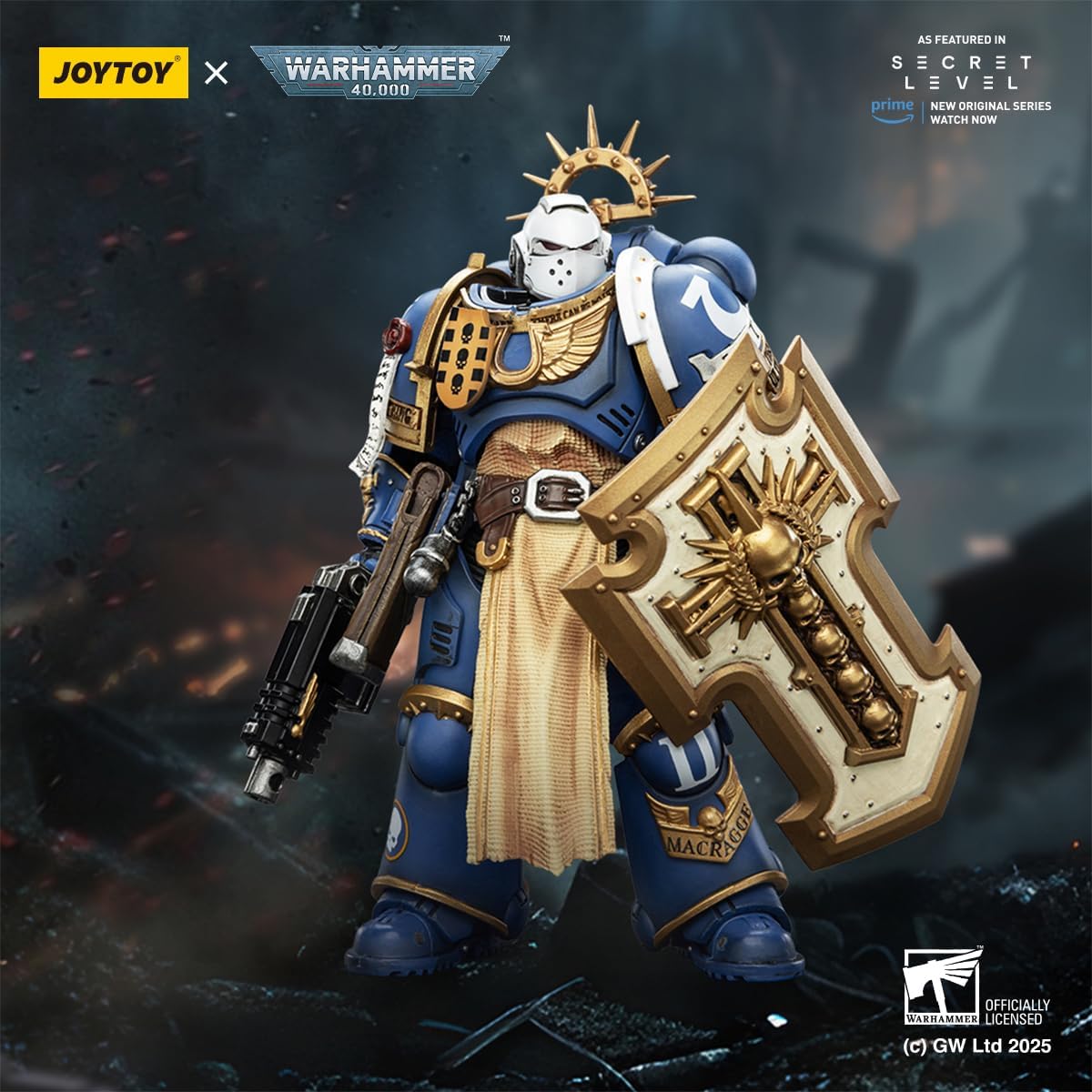 JOYTOY Warhammer 40k Space Marine 2,1/18 Action Figure Ultramarines Levantus with Power Sword, Stormshield and Bolt Pistol 4.84-inch Collectible Gifts,Toys for Kids 15+ and Adults