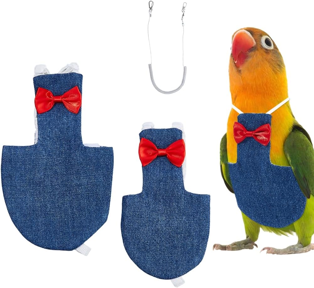 SUPERFINDINGS 2Pcs 2 Sizes Bird Diaper Harness Cockatiel Tuxedo Flight Suite Reusable Parrot Nappy Clothes Costume with Steel Wire Spring Rop for Parrots Pigeons Pet Supplies