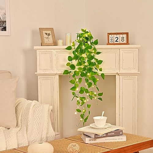 Miniatura 3 de Dolicer Plantas colgantes falsas, plantas colgantes artificiales en maceta de 3.12 pies, plantas de potos iluminadas falsas, plantas de imitación