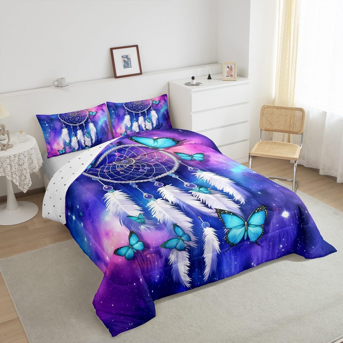 Erosebridal Dream Catcher Comforter Set Queen,Feather Mandala Butterfly Bedding Set for Girls Women Kids,Teal Purple Tie Dye Galaxy Comforter Set,Hippie Boho Dreamcatcher Quilt Duvet Set 3Pcs