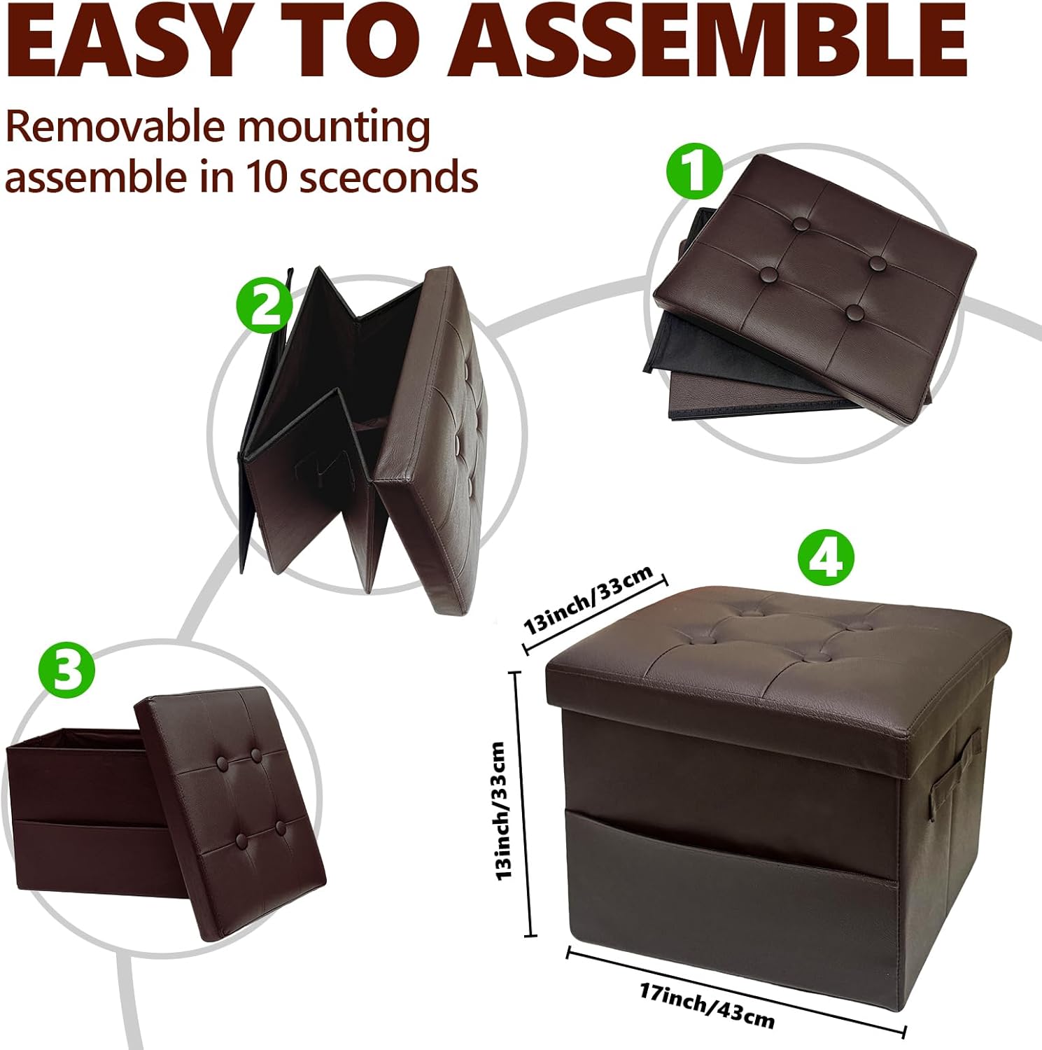 ALASDO Storage Ottoman Footrest Stool Small Ottoman with Storage Foldable Ottomans Foot Rest Footstool Bench for Living Room 17x13x13inches Brown