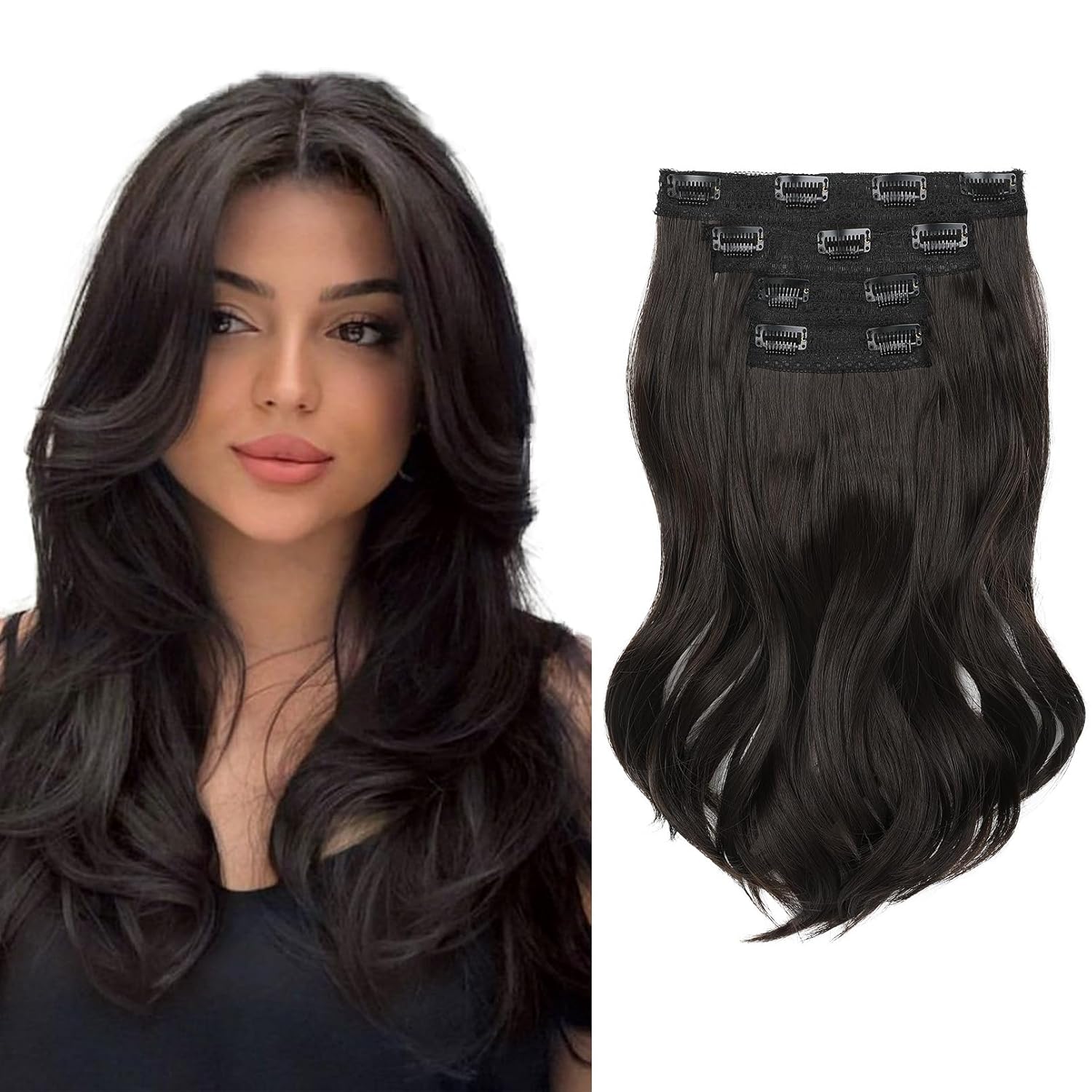 Clip in Hair Extensionss, 4PCS Hair Extensions 14″ Short Layered Cut Hair Extensions Invisible Lace Weft Natural Soft Hairpieces for Women – Black Brown