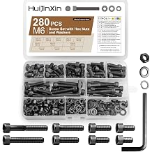 280 Pcs M6 Screws, M6 Nuts and Bolts Set, Hex Socket Head Cap Bolts and Nuts Set, Black Machine Screws Assorted with Lock and Flat Washers Assortment