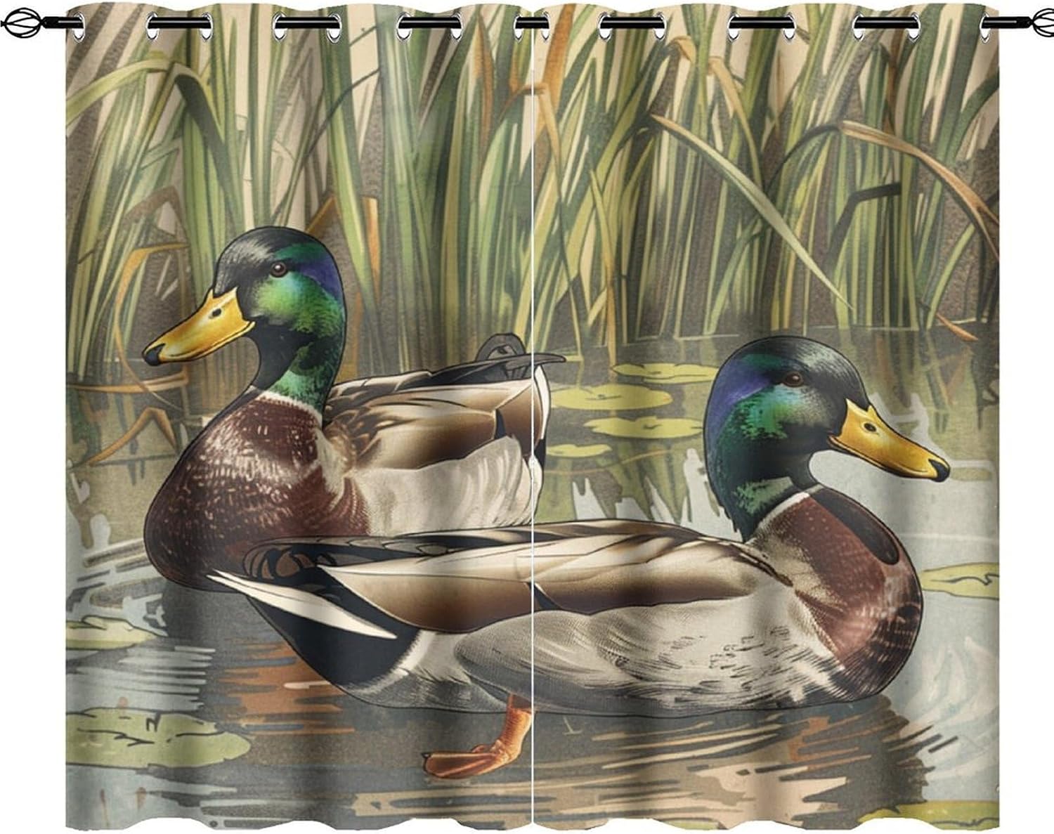 Mallard Duck Blackout Curtains for Bedroom Living Room, Country Field Pond Wild Animal Thermal Insulated Curtains Window Drapes with Grommet, 2 Panels, Each 36" W x 63" L