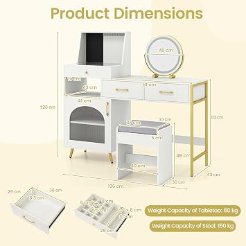 COSTWAY Dressing Table with 3-Color LED Lights Swivel Mirror and Stool, Makeup Table Vanity Desk with Charging Station, Glass Top, 3 Drawers, 120 Ring Slots, 10 Necklace Hooks & Side Cabinet (White)