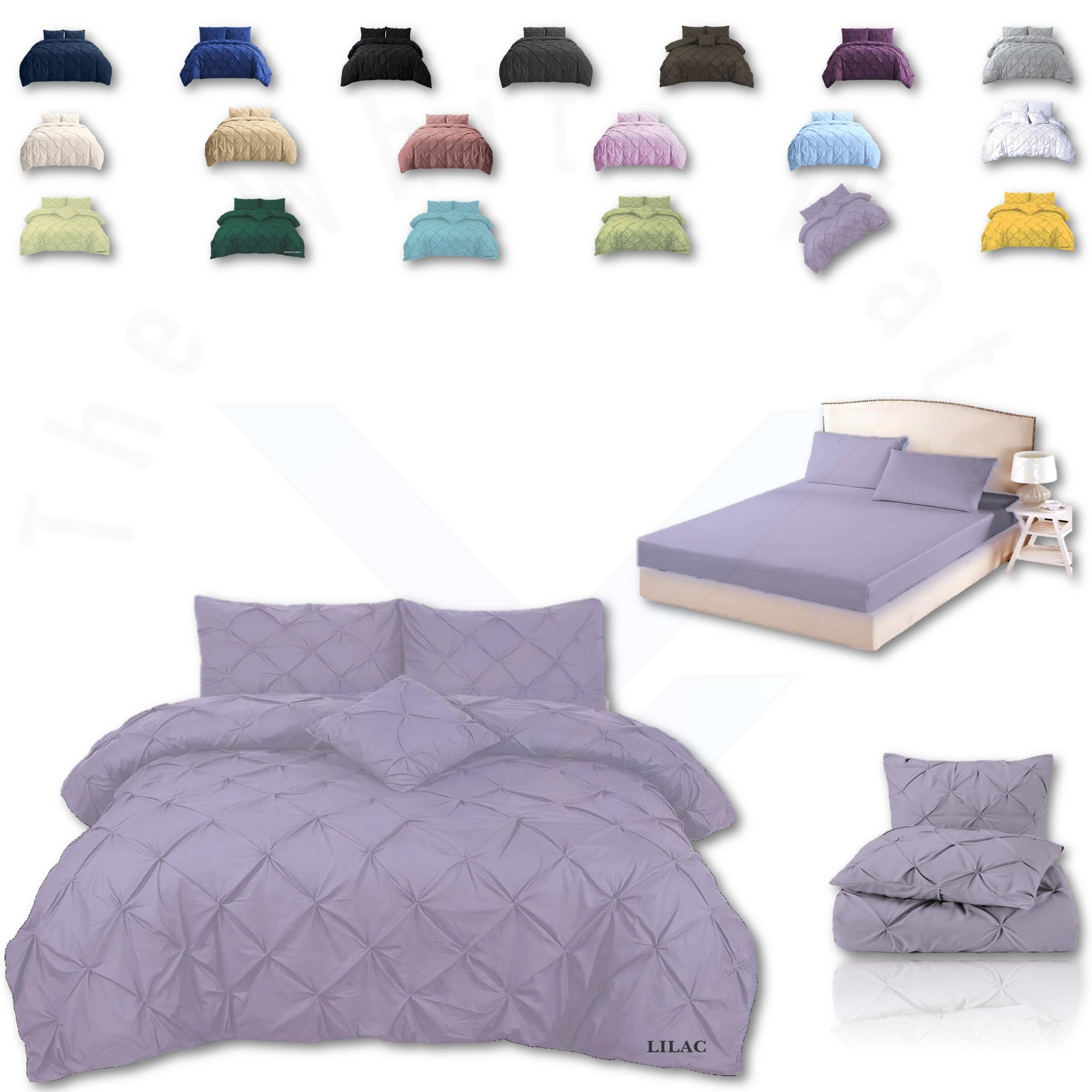 TheWhiteWater Duvet Set - 2/3 in 1 Bedding Set - Duvet Cover + Matching Pillowcases + Fitted Bed Sheets - NPolycotton Pintuck Cover (Lilac, 3 in 1 Bedding Set - King)