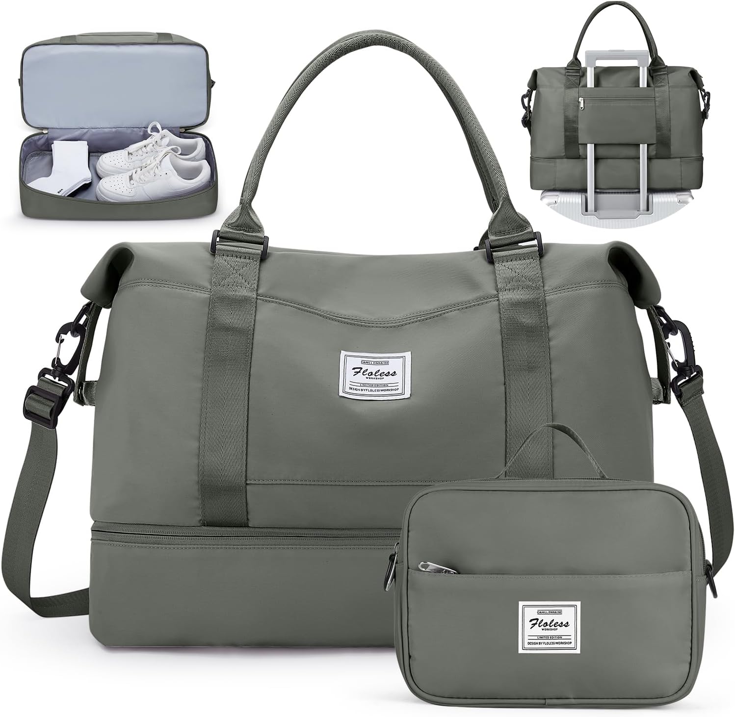 travel duffel bag with shoes compartment, overnight weekender bags for women, carry on personal item travel set extra large olive green