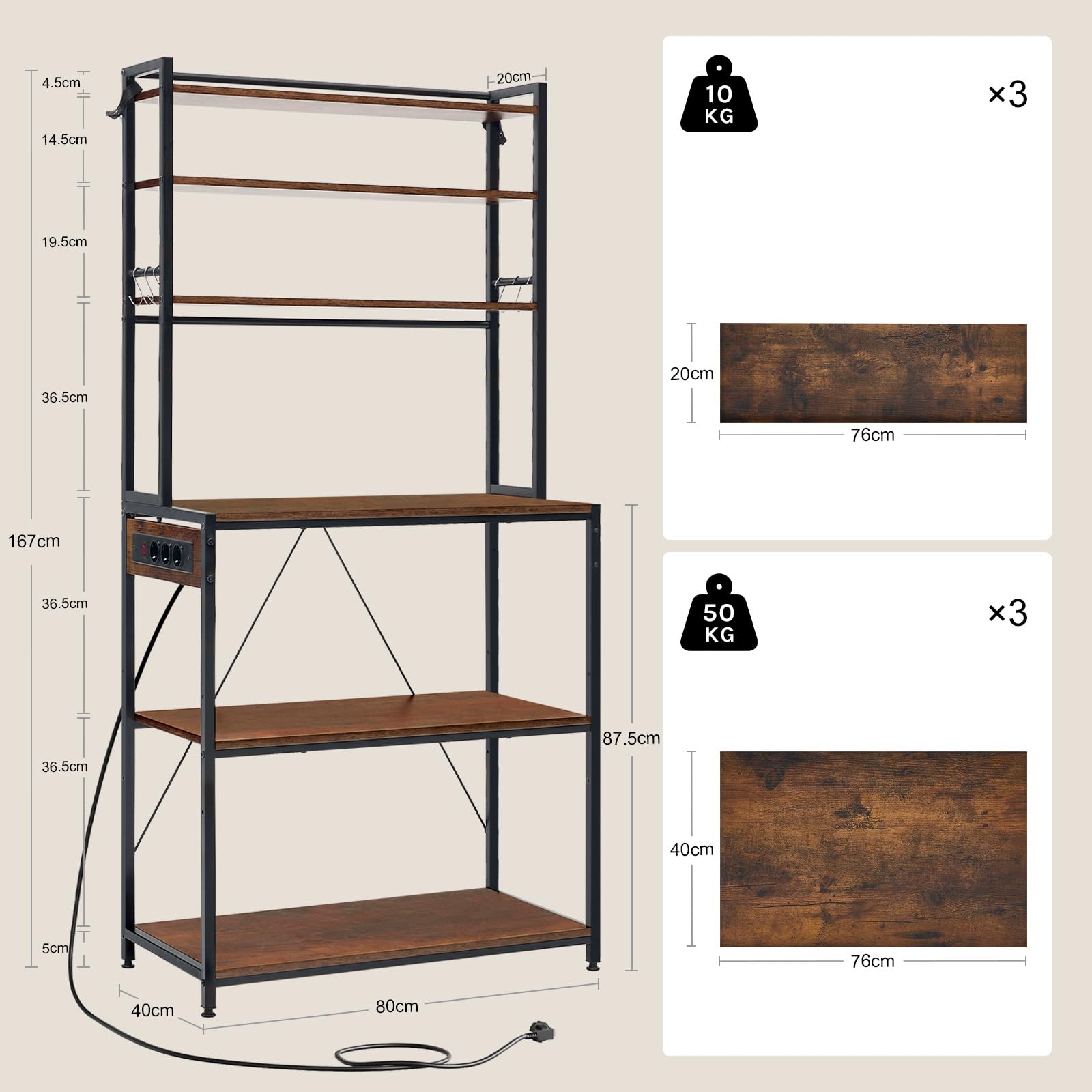 WOLTU Scaffale da Cucina a 6 Livelli con Prese di Corrente, Scaffale per Microonde con Struttura in Metallo e Piano di Lavoro Aperto, Nero+Marrone Rustico, 80x39,5x167cm
