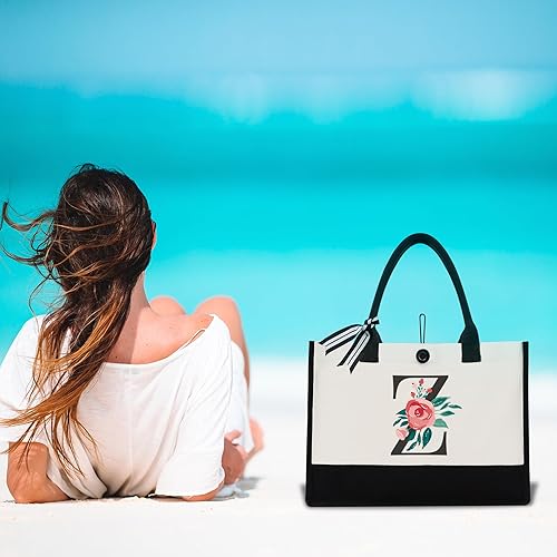Miniatura 111 de Initial Canvas Tote Bag, Personalized Birthday Gifts for Women Mom Friends Teachers, Monogrammed Tote Bags Suitable for Mother's Day Wedding Beach