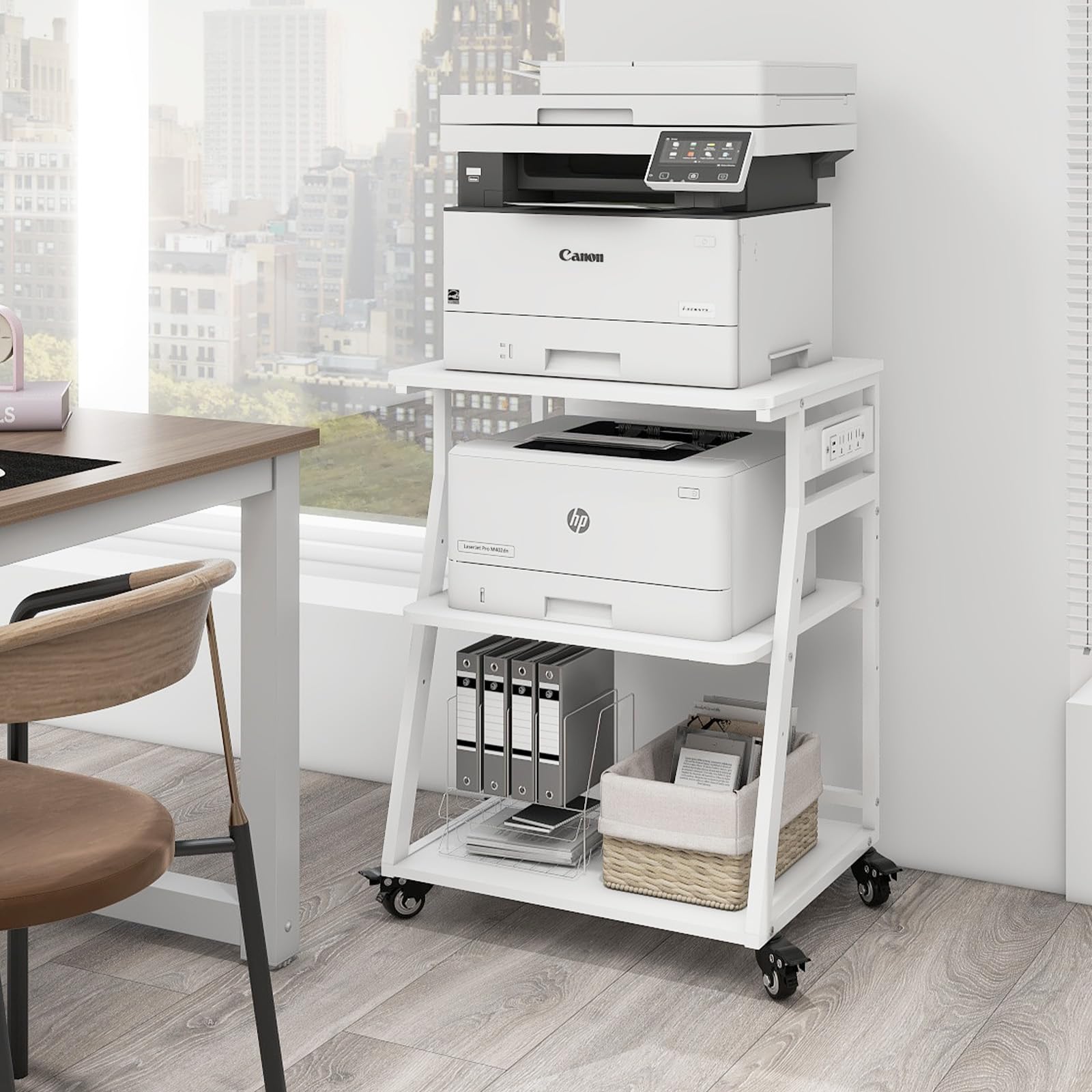 Natwind 3 Tier Large Printer Stand, 24"x20", with Charging Station,White