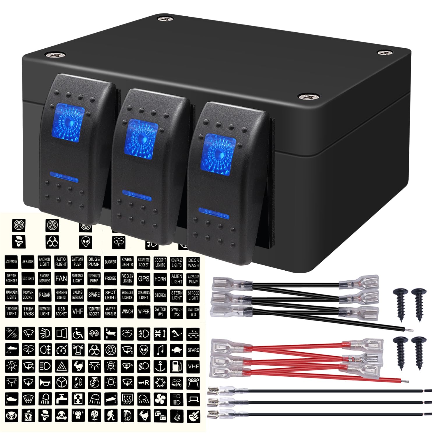 weideer 3 Gang Rocker Switch Box Blue LED 12V 24V DC Rocker Switch Panel with Night Glow Stickers for Car Trucks Boats RVs