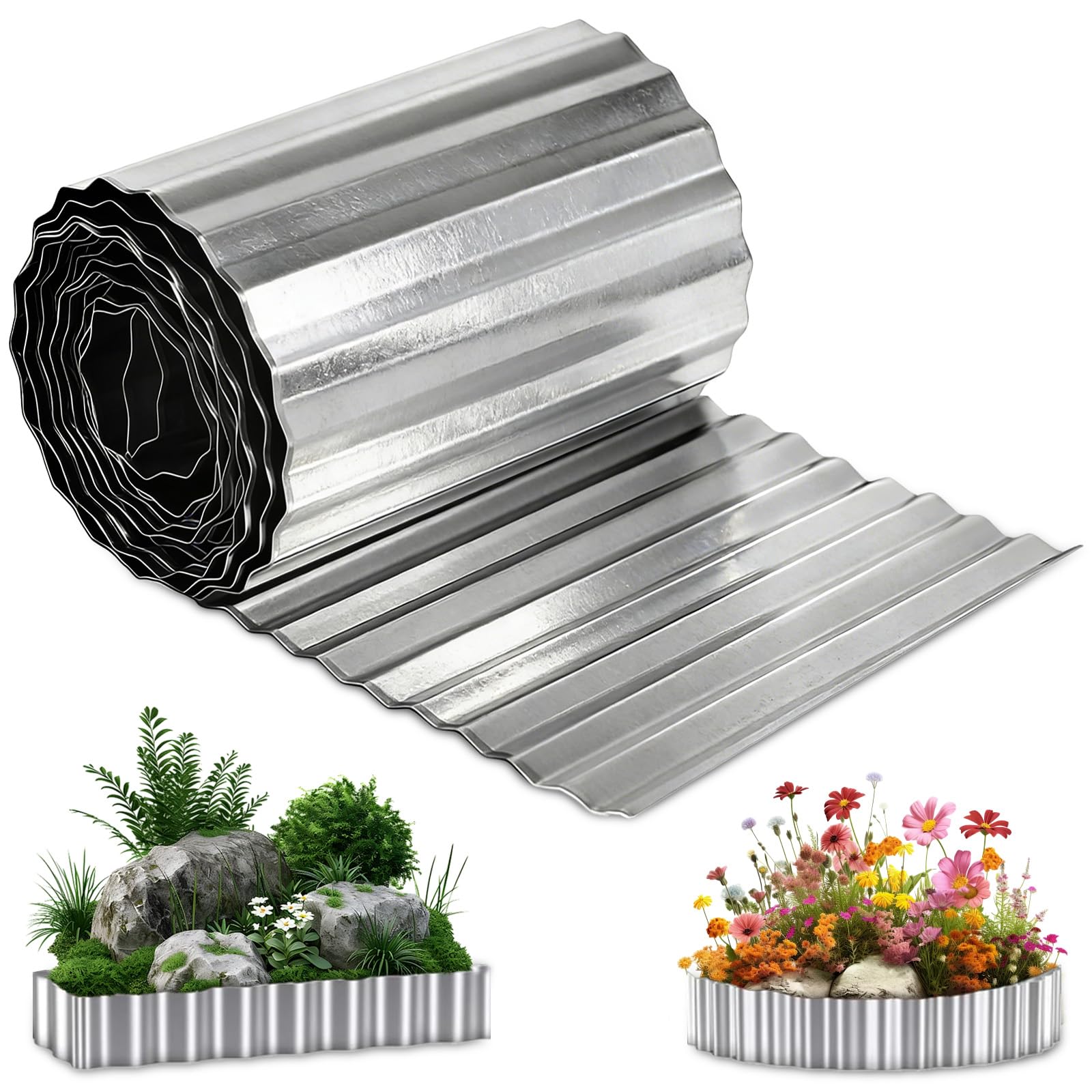 sturiz Metal Lawn Edging 6 Inch X 13 FT/4M Corrugated Metal Brick Garden Edging Border Garden Trim Flexible Long Strips DIY Landscape for Vegetables Raised Bed Flower Tree Surrounds Pathway (Silvery)