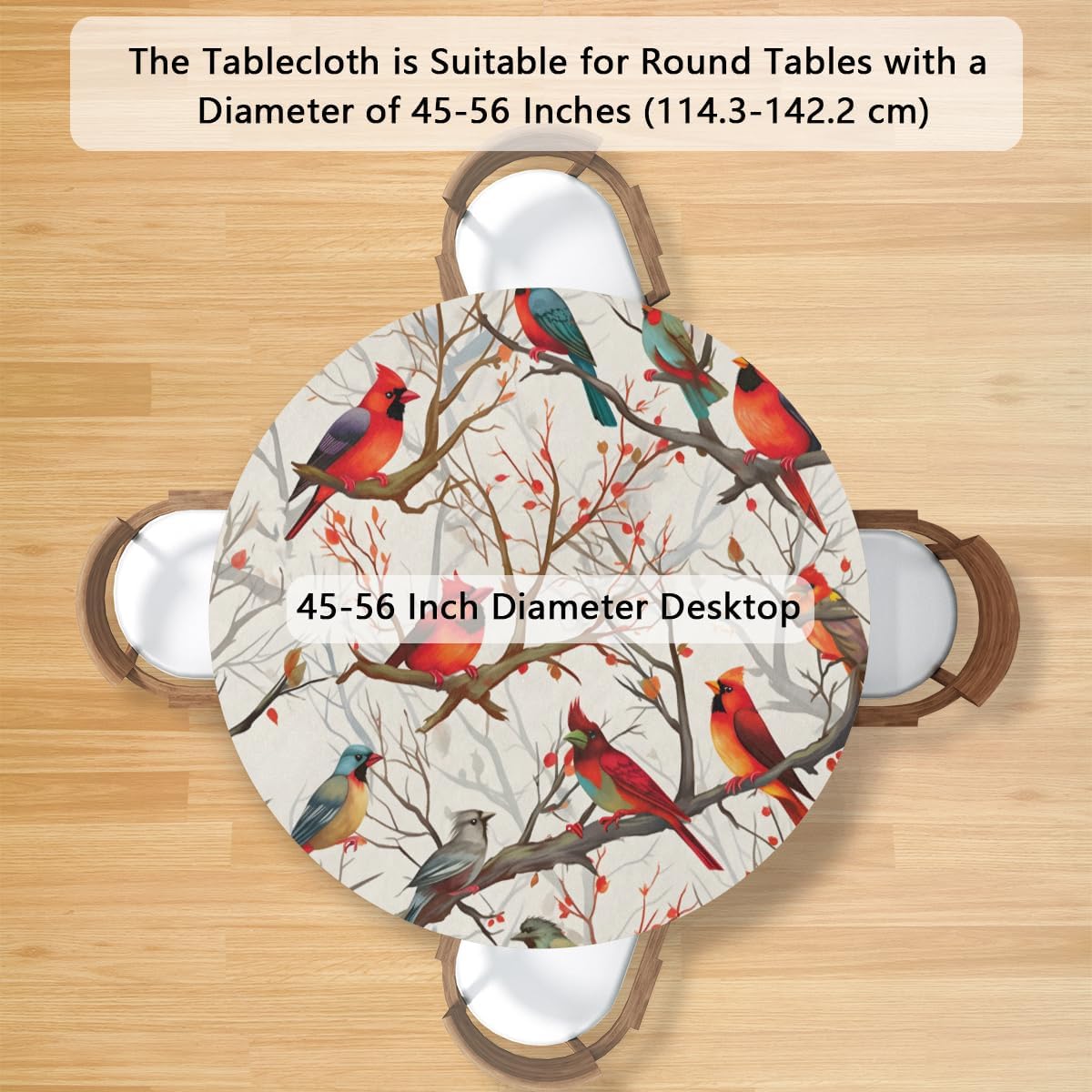 Cardinal Birds Round Fitted Tablecloth with Elastic Edge 45" - 56" Fitted Table Cloth Seasonal Birds Round Elastic Table Cloth Waterproof Wipeable Circular Table Cover