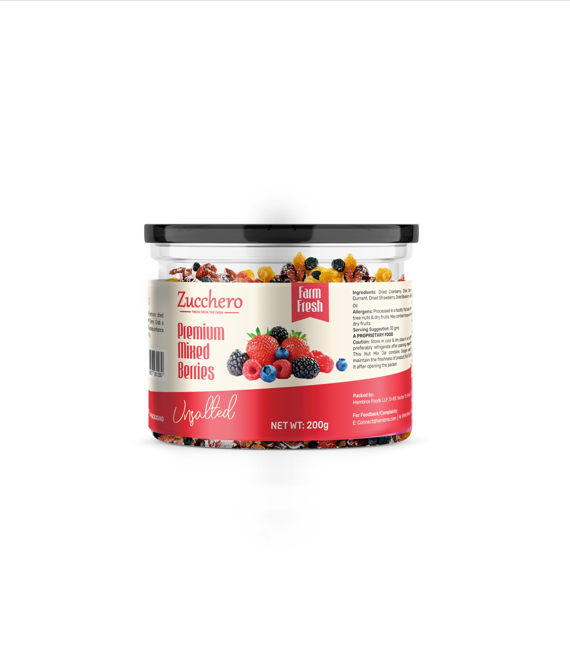 Zucchero Premium International Dried Mixed Berries, 200g | 100% Berries | No Raisins | Low Calories | 99% Fat Free | Antioxidant Mix | Natural Sugar