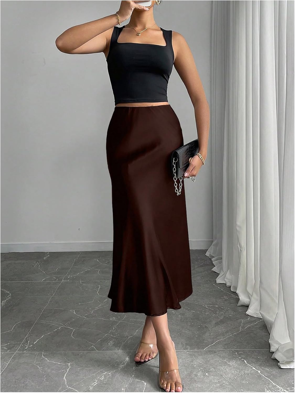 Women's Elegant Flared Long Skirt High Waisted Dressy Casual Work Office A Line Midi Skirt