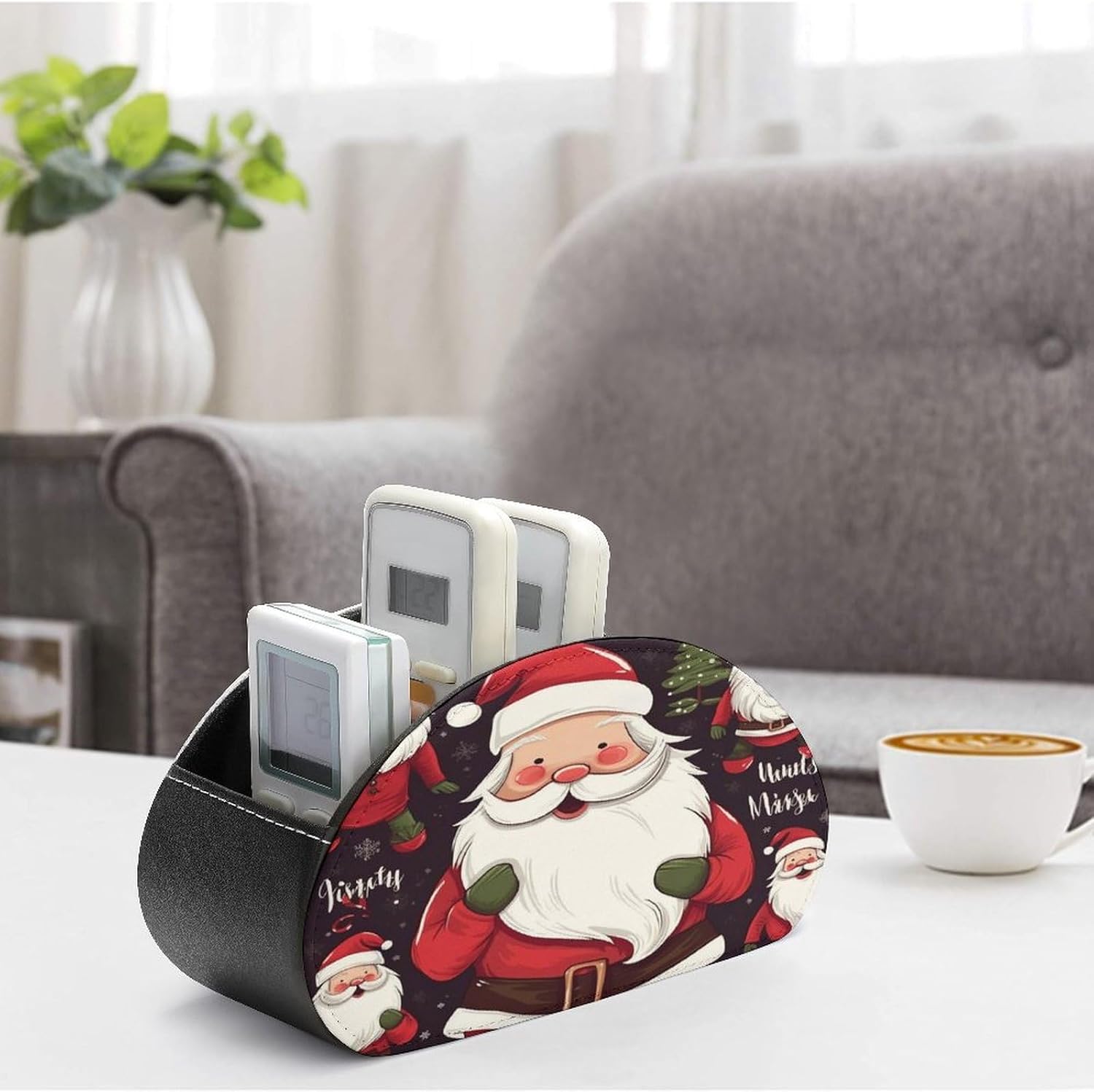 Leather Remote Control Holder Storage Container, WithChristmas Santa Claus Printed Living Room Media Storage Organizer, with 5 Compartments for TV Remote Phone Caddy Eyeglasses image 4