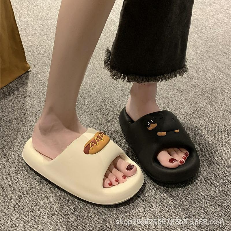 Cartoon Printed Women's Summer Comfortable Thick Sole Slippers, Non-Slip and Durable, Travel and Home Dual-Purpose Slippers, 6, Burger Black2