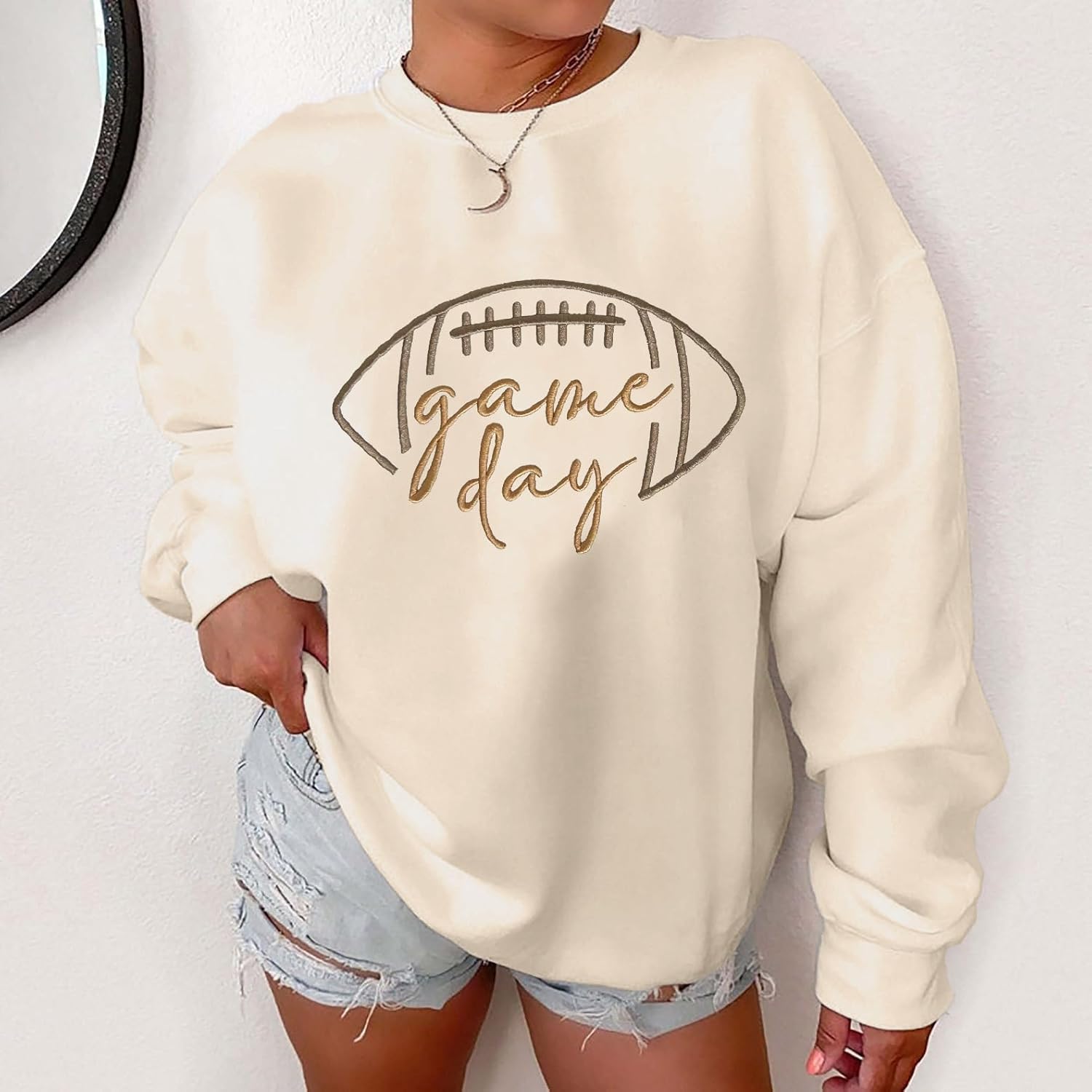 Game Day Sweatshirt for Women Oversized Football Sweatshirts Football Mom Crewneck Long Sleeve Pullover Tops - Image 3