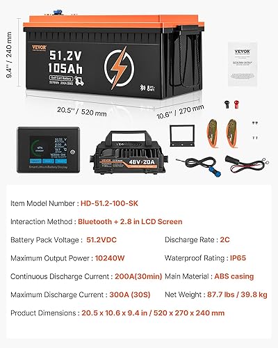 Miniatura 7 de VEVOR Batería de litio para carrito de golf de 48 V 105 Ah, batería de carrito de golf de 48 voltios con BMS de 200 A, monitor LCD y aplicación