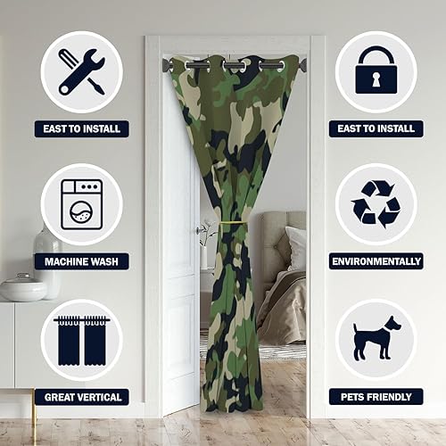 Miniatura 3 de Cortinas de puerta de camuflaje verde oscuro para puertas, cortina opaca abstracta de camuflaje de cazador de bosques para armario de dormitorio,