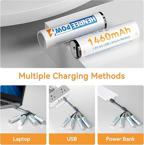 Miniatura 5 de Henreepow Paquete de 4 baterías recargables de litio AA, voltaje constante de 1.5 V, 1200 ciclos de larga duración, USB doble A, carga rápida de 1.5