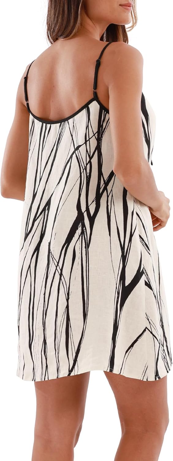 Xintianji Womens 100% Linen Dress Sleeveless Mini Adjustable Straps Beach Sundress