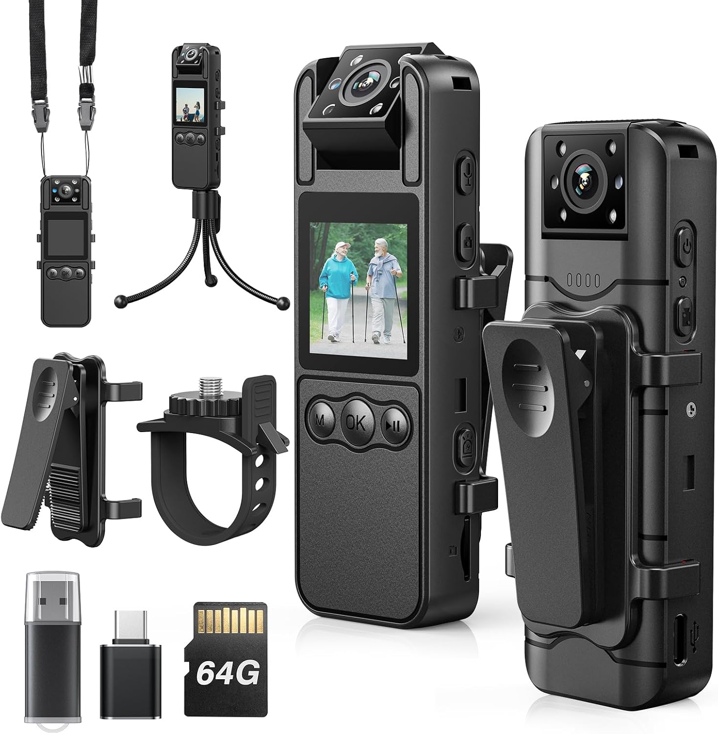 Z11 2K Body Worn Camera - 64GB Camera, 1700mAh Battery, 7 Hrs Video, 180° Rotatable Lens for Cycling, Delivering Goods, and Law Enforcement