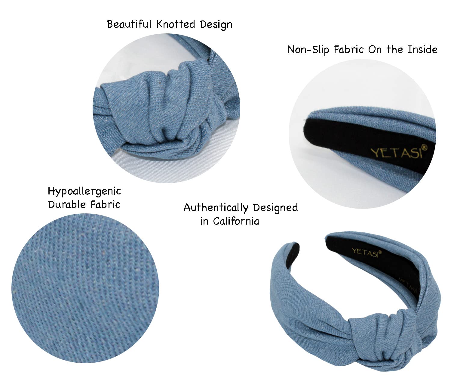 Denim Headband for Women, Non Slip Knotted Jean Hairband, Light Blue