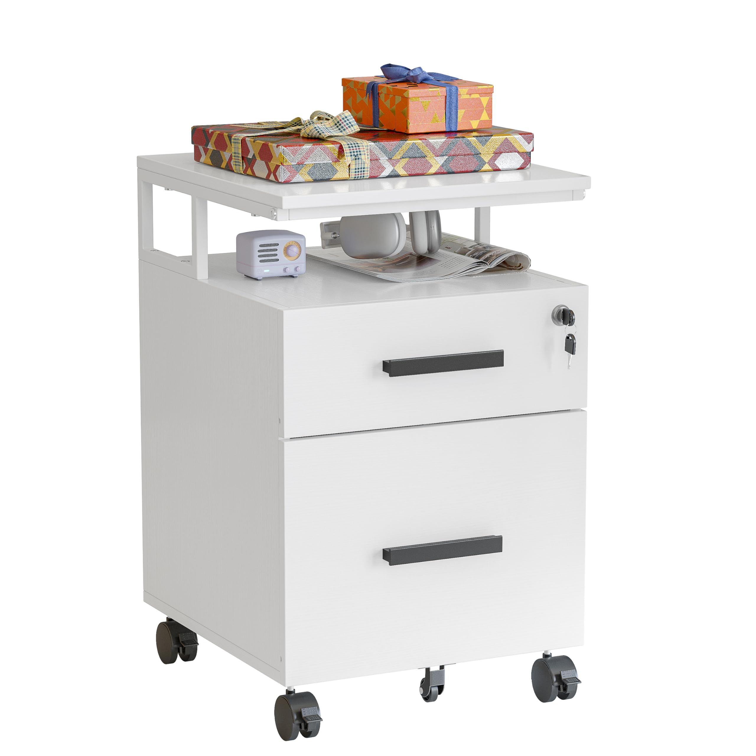 FEZIBO 2-Drawer File Cabinet with Lock for Home Office, Rolling Filing Cabinet, Under Desk Home Office File Cabinet for A4, Letter Size, Printer Stand, Wooden Storage Mobile File Cabinet, White