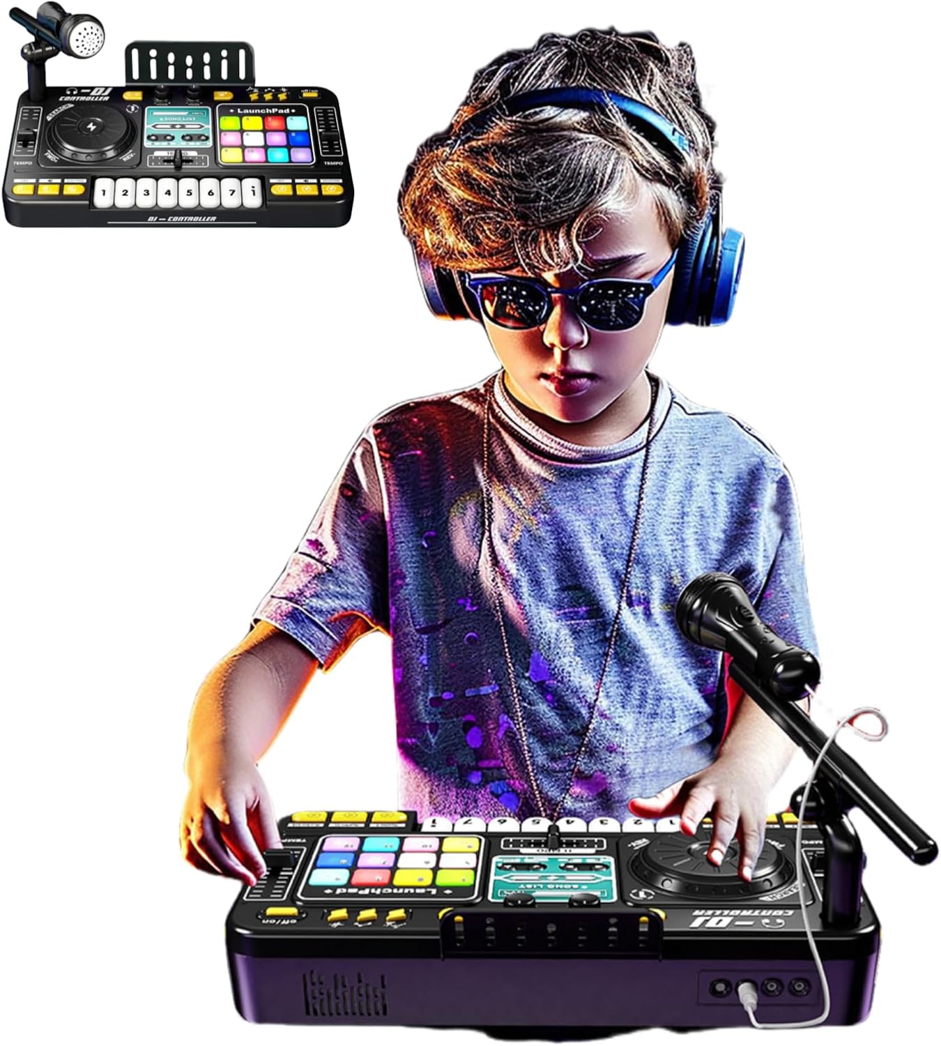 Rechargeable Kids DJ Mixer with LED Light Show & Karaoke Microphone - Interactive Music Toy with 12 Sound Keys, 8 Piano Keys & Custom Recording for Ages 4-8+