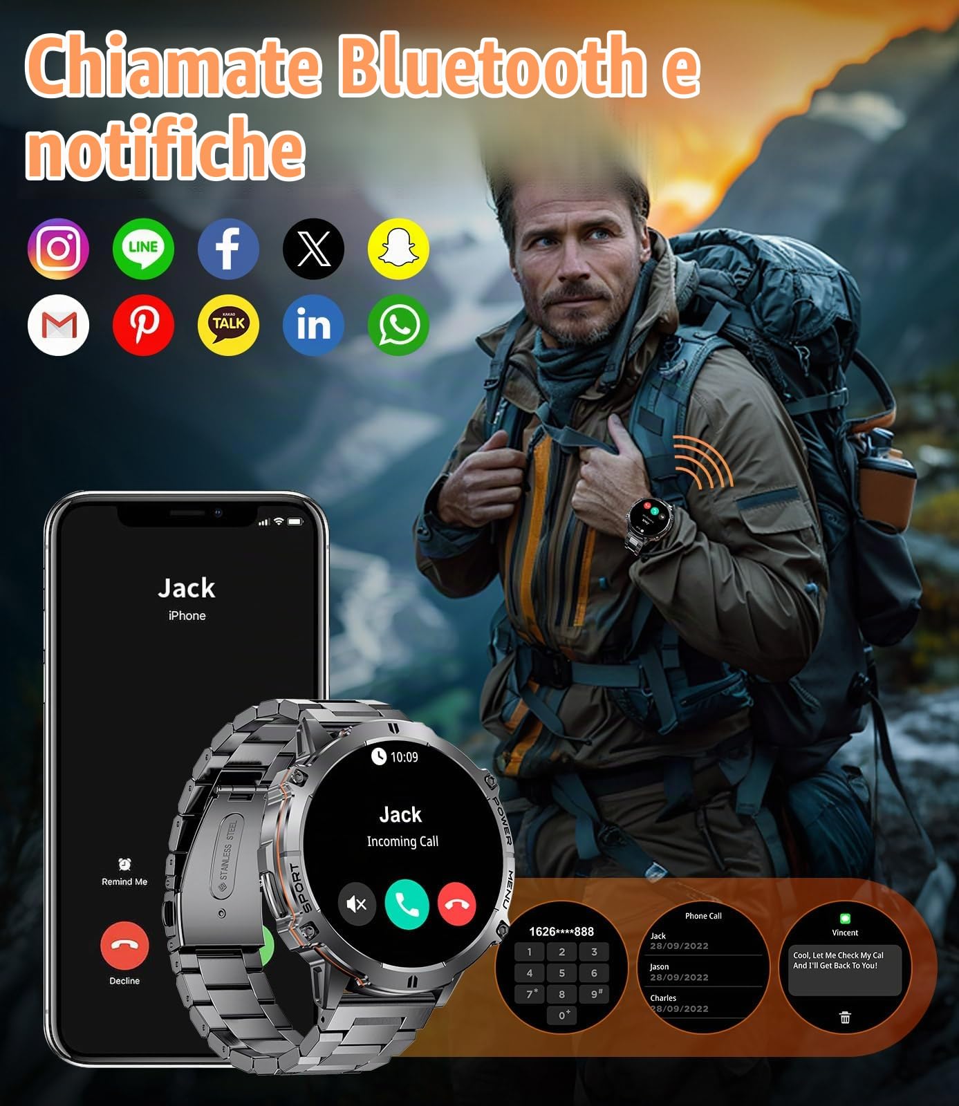 LIGE Orologio Smartwatch Uomo con 900mAh, 1,73” AMOLED Grande Schermo Smart Watch Militare con Bussola Barometro, 110+ Modalità Sportive, Impermeabile IP68, Cardiofrequenzimetro/SpO2 per Android iOS