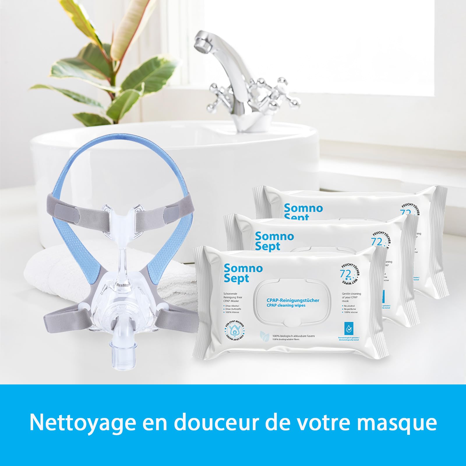 Lot de 3 paquets de 72 lingettes nettoyantes CPAP - Nettoyage rapide du masque CPAP - Pour un bon maintien du masque - Lingettes douces en 100 % viscose - Inodore - Testées