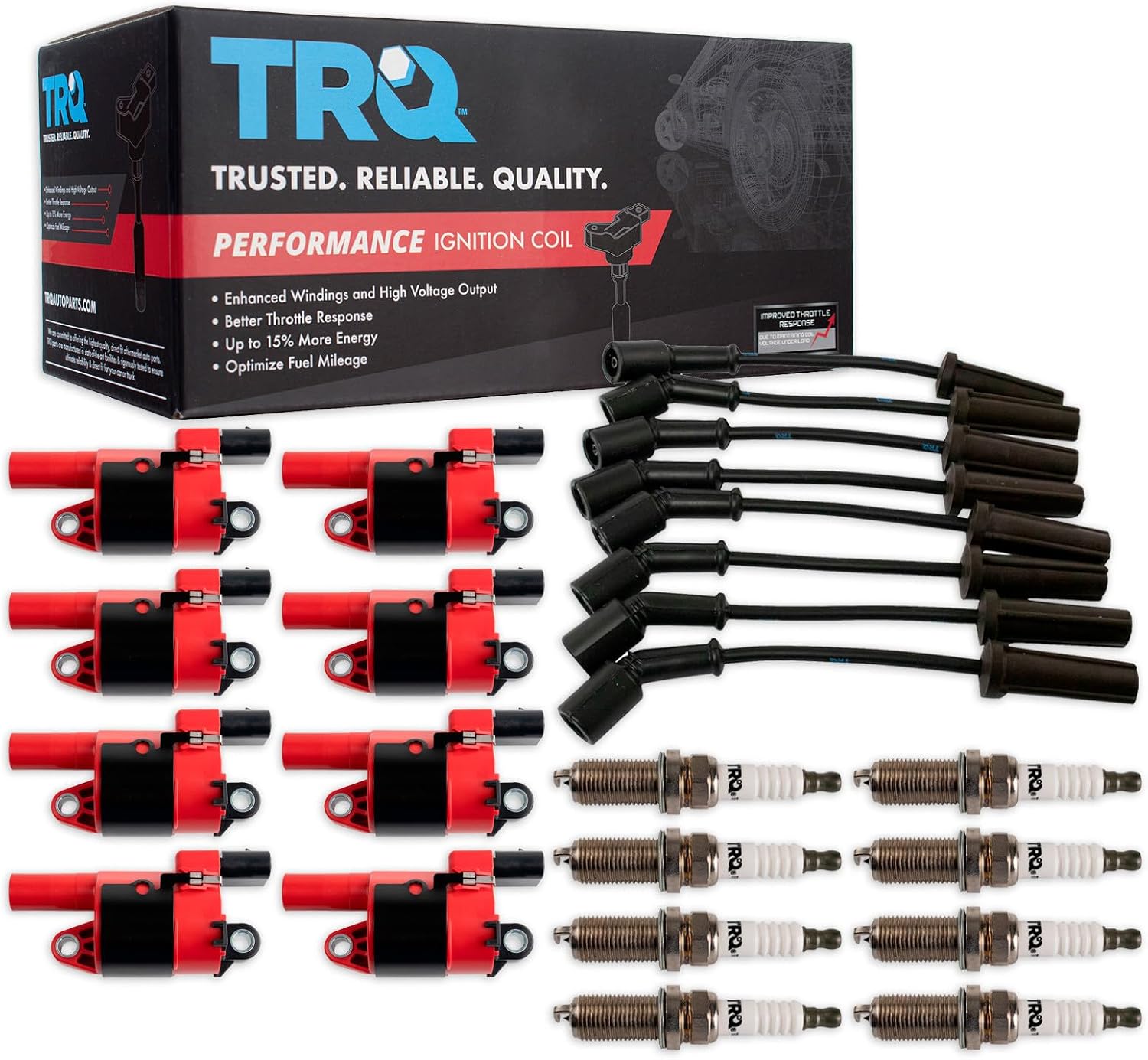 TRQ Ignition Coil & Spark Plug Kit 17 Piece Iridium Spark Plugs Compatible with 2009-2013 Chevrolet Silverado 1500 GMC Sierra 1500 Suburban Yukon