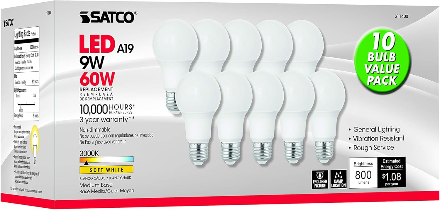 Satco S11400 9W A19 LED; 3000K; Medium Base; 360 deg. Beam Spread; 40-Bulbs