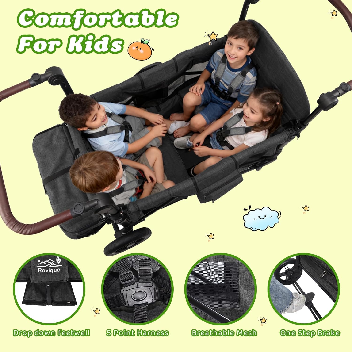 4 Seater Wagon Stroller, All-Terrain Stroller Wagon for 4 Kids with Extra Long Extender, Aluminum Foldable Baby Wagon with Large Storage Bag, Removable Canopy, Snack Tray, Adjustable Push/Pull Handle