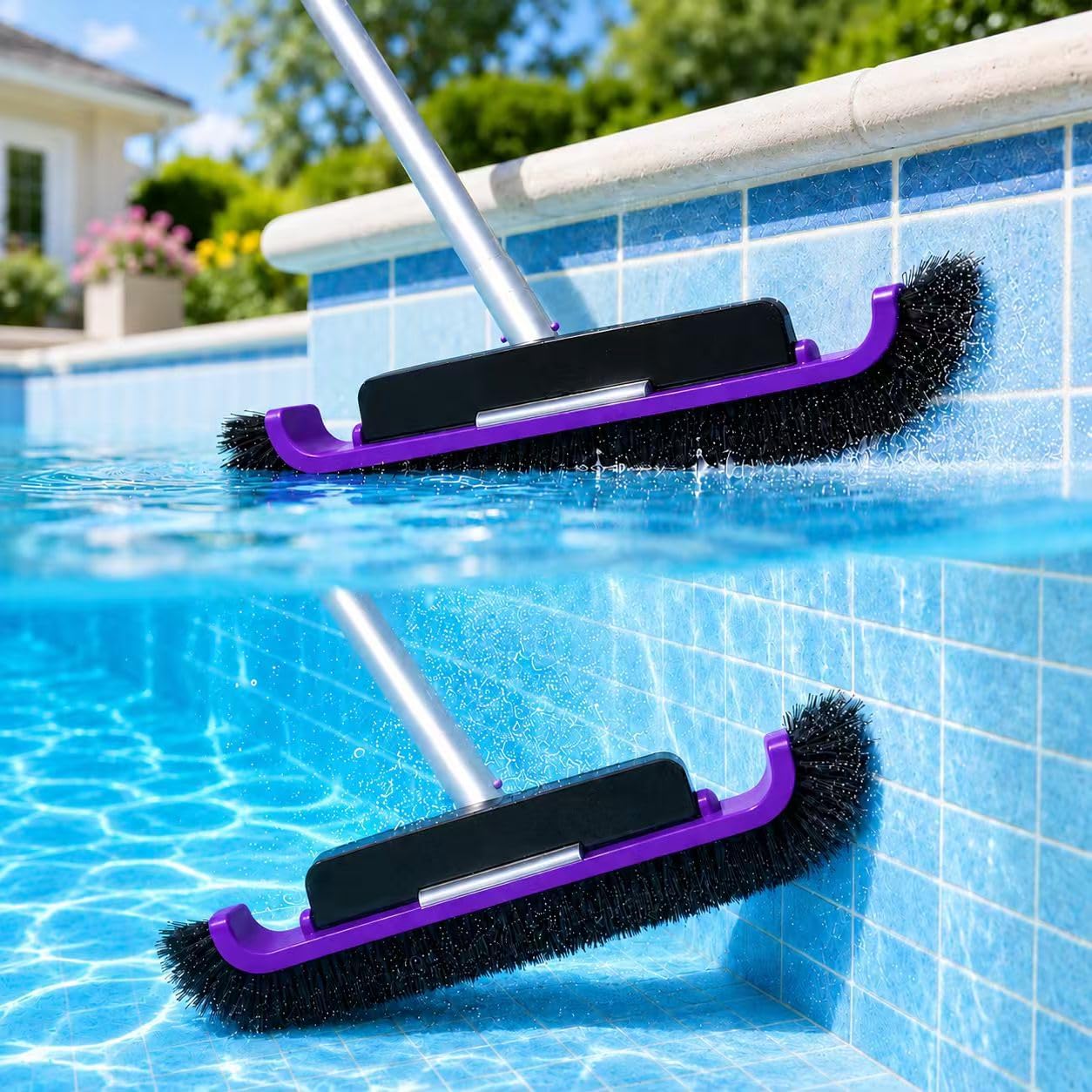 17.5" Pool Brush Head, Curved Swimming Pool Cleaning Brush with Reinforced Aluminum Back & Nylon Bristles, Heavy Duty Scrubber for Pool Walls, Tiles Floors, Purple