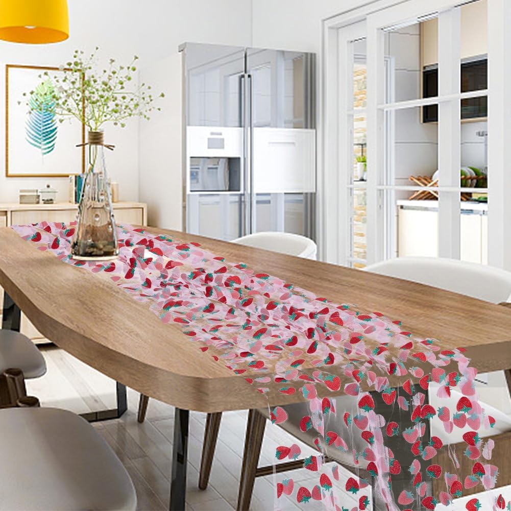 12 Pcs 29x70 Inch Strawberry Shiny Glitter Tulle Table Runner, Pink Lace Shortcake Tablecloth for Birthday Party Wedding Baby Shower Christmas Decorations