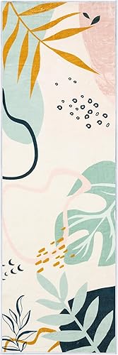 Miniatura 7 de UBTKEY Alfombra de pasillo de 2 x 6 pies, ultrafina, antideslizante, lavable, con estampado botánico, estilo bohemio, alfombra de pasillo de baño,