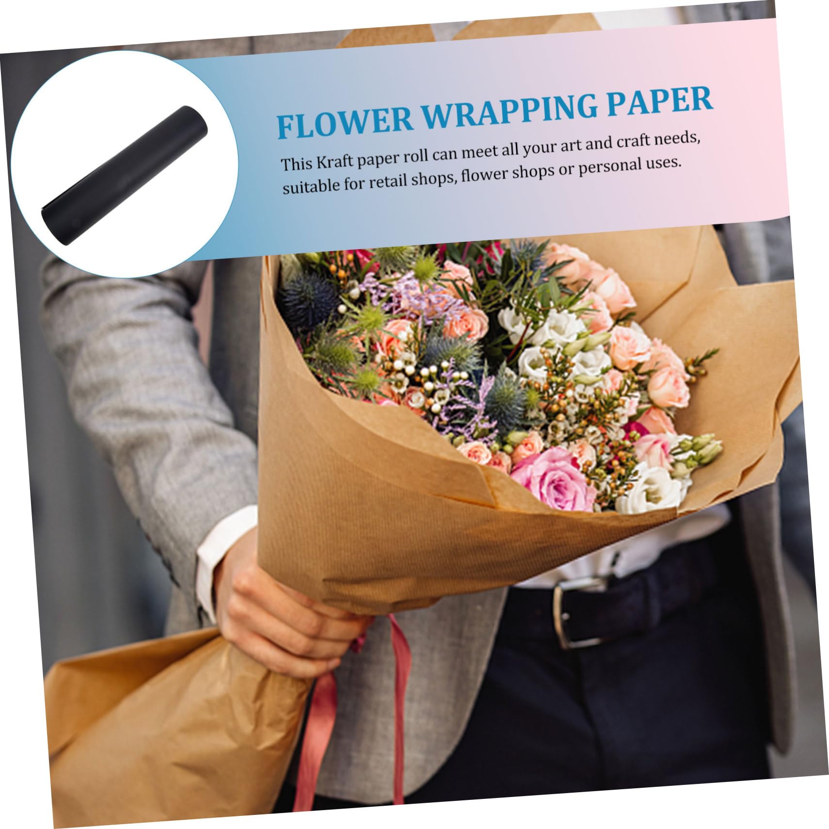 Lurrose Rouleau de Papier Kraft Noir, Papier D’emballage Décoratif à Découper, Pratique pour DIY et Mariage, pour Bouquet de Fleurs