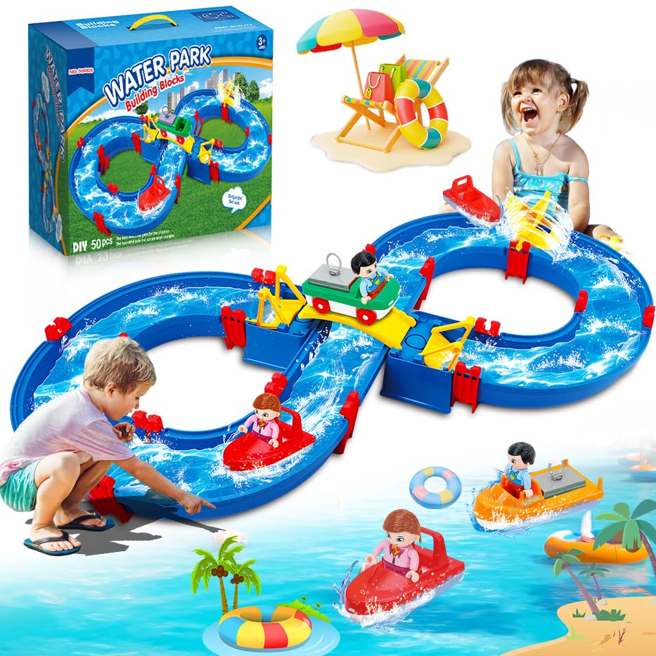 Image of TERRAMUS Kids Outdoor Water Table Toys, Water Park Playset 50PCS DIY Table Beach Toy on Backyard,Lawn,Pool Waterway Toy with 2 Boats, Summer Outside Activity Funs for Toddler Boys Girls Ages 4-8 3-5
