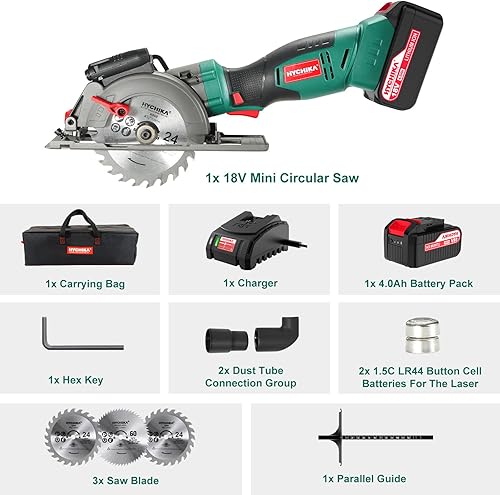 Miniatura 8 de HYCHIKA Sierra circular inalámbrica, sierra circular mini de 18V con batería de 4.0Ah, 3 cuchillas (4-12", 4-910"), 3500 RPM, profundidad máxima de