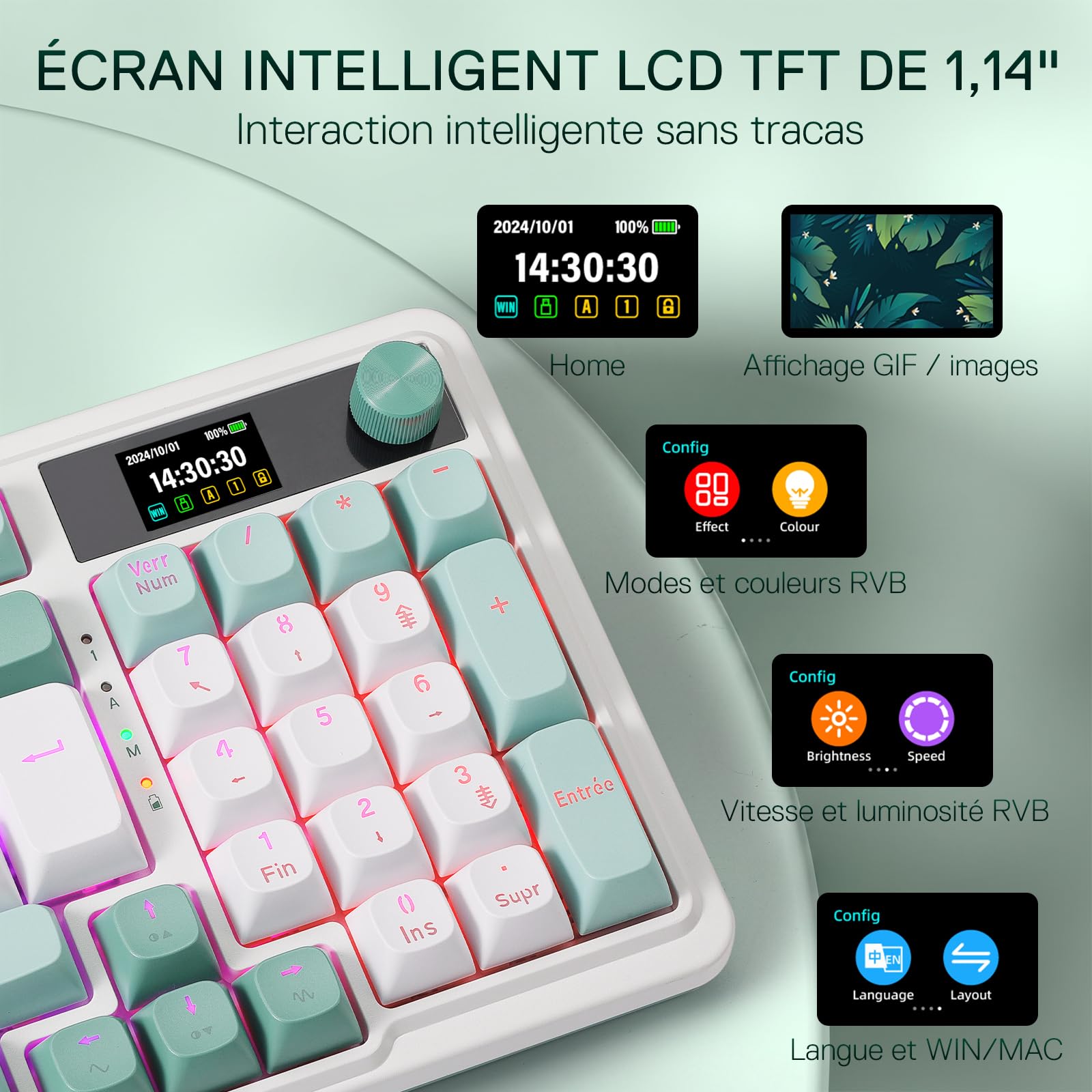 Redragon K719 Pro Clavier Mécanique sans Fil AZERTY Écran TFT et Molette Gasket