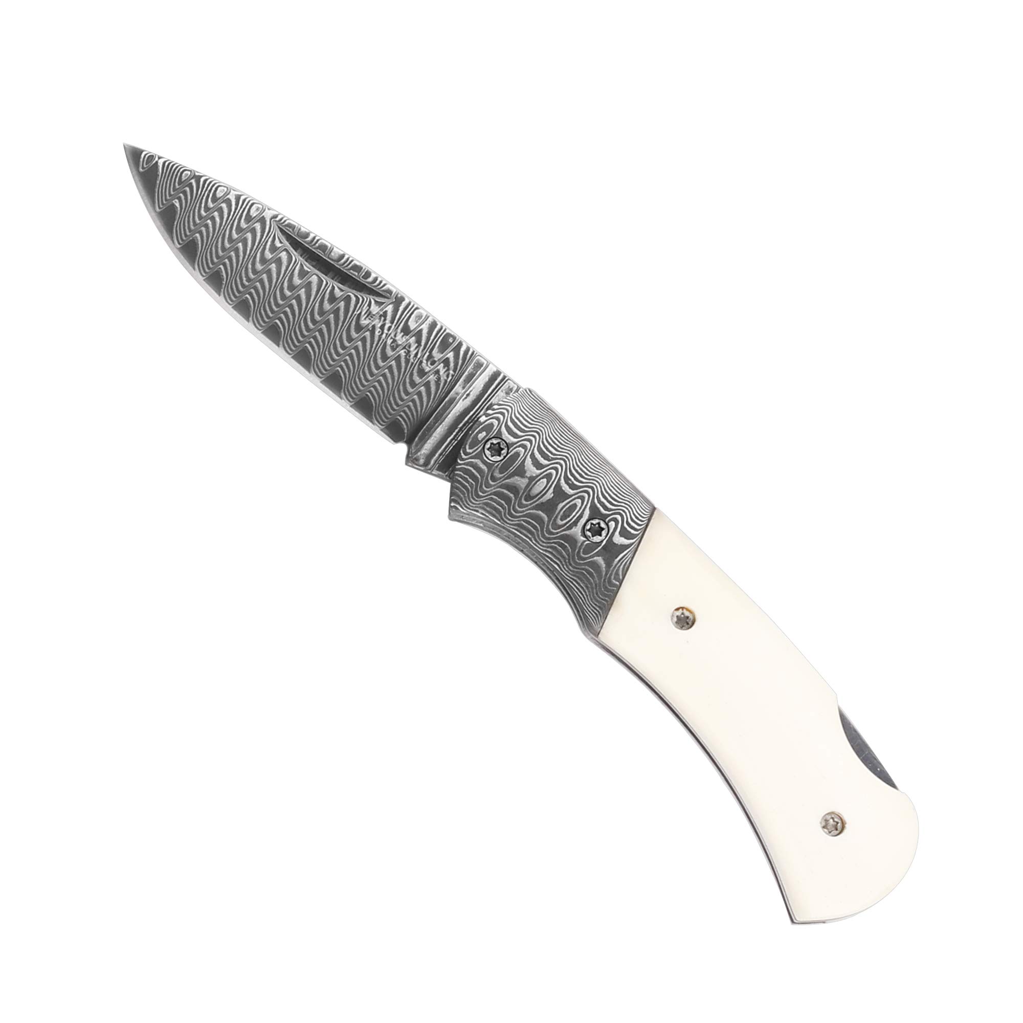 YOUSUNLONG Navaja de bolsillo y navaja 140mm - hoja de acero damasco - mango de hueso de toro