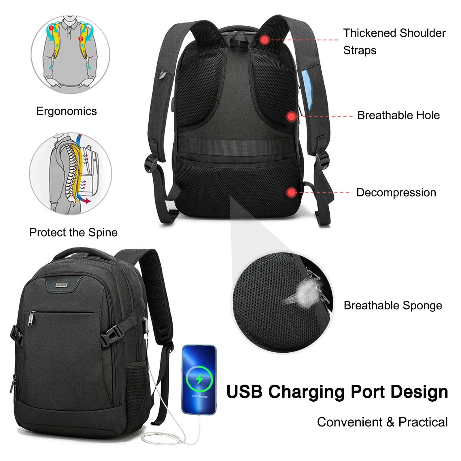 FANDARE Mochila Ordenador Mochila Hombre Mochila Portatil Mochila Impermeable con Puerto de Carga USB Bolsos Bandolera Backpack para Negocio Trabajo Diario Viaje Escolares Mochila Negro