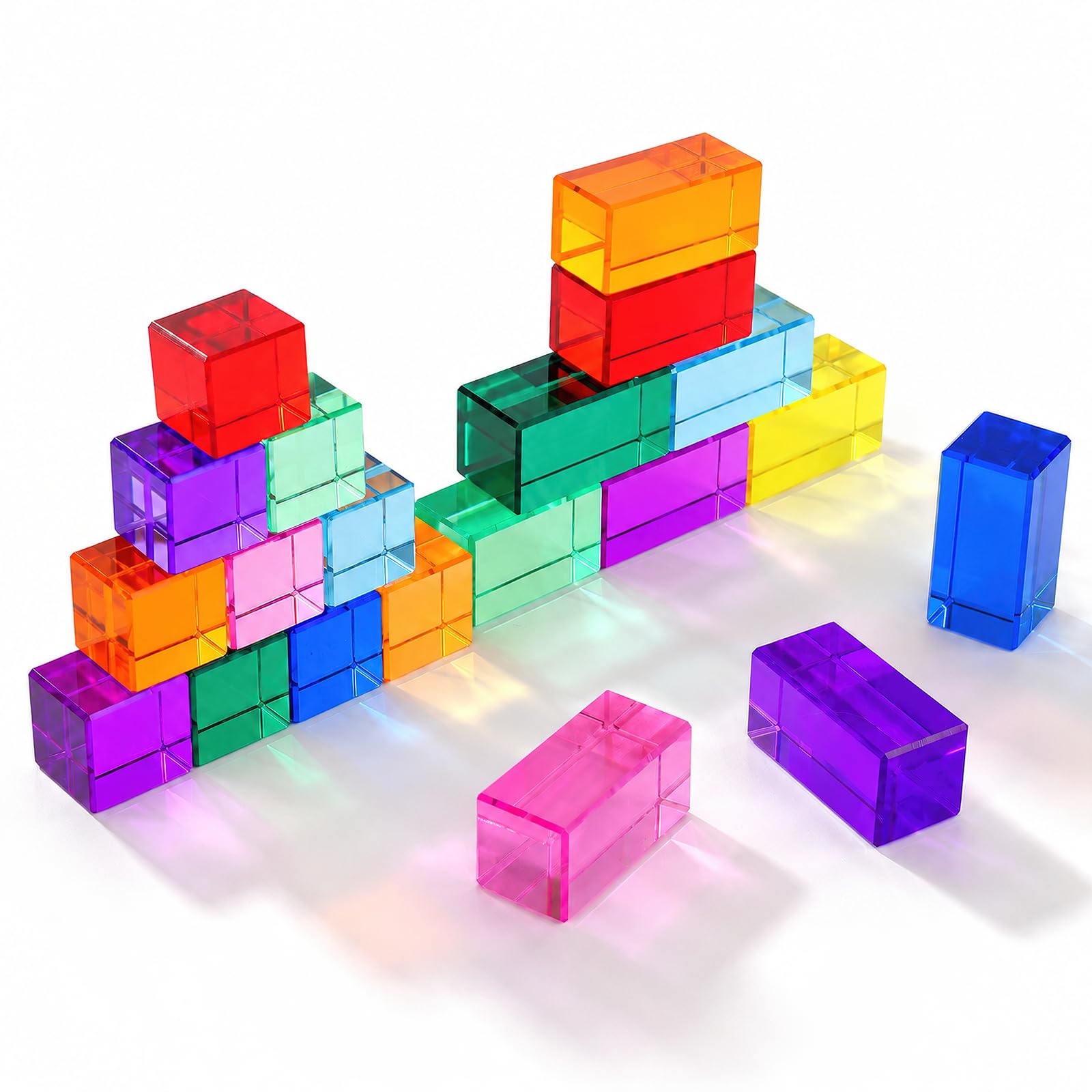ASMIZ 20 Pack Mixed Acrylic Building Blocks (10 Cubes and 10 Bricks), Rainbow Crystal 3D Stacking Toys, Educational Sensory Light Gem Set for Adults