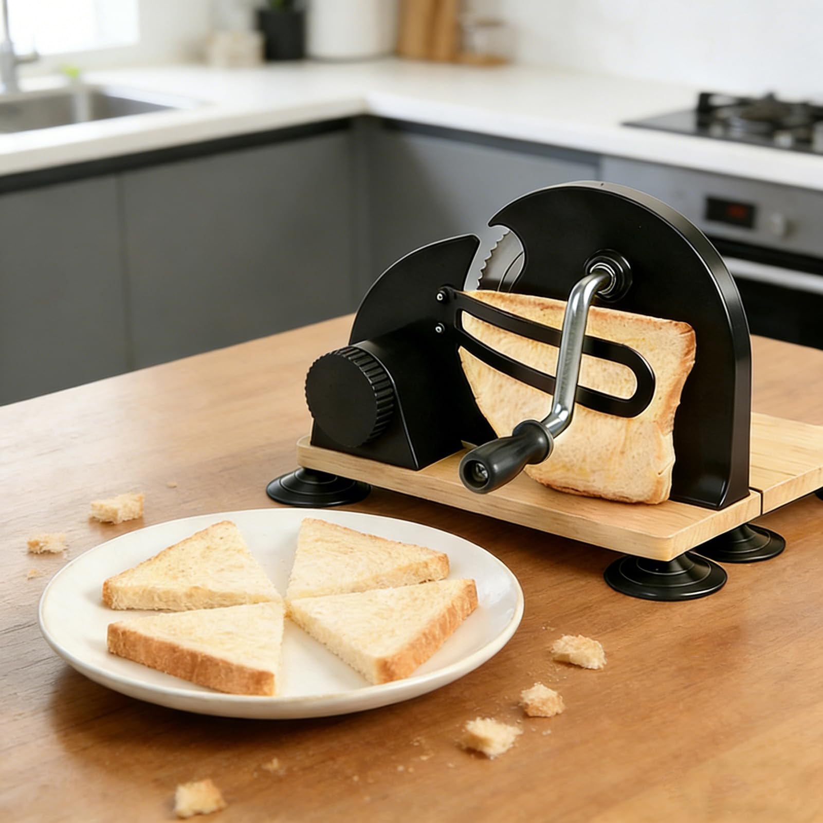 Cryfokt Cortador de Pan Manual, Cortador de Espesor Ajustable de Acero Inoxidable con Hoja Dentada para Tostadas de Sándwich de Masa Fermentada Casera, Herramienta de Cocina Compacta con (BLACK)