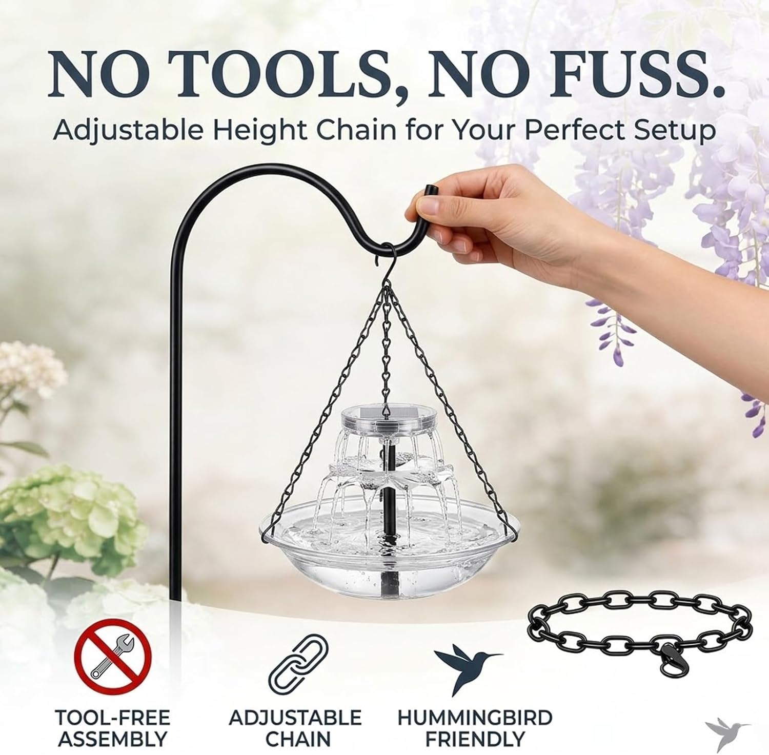 2026 Upgraded Solar Cascade Hanging Bird Bath Fountain with Pump, 3 Tier Hummingbird Water Fountain for Outdoor Garden Yard Patio Balcony, Decorative Birdbath with Chain Hook